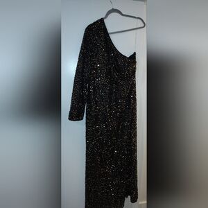 SHEIN One Shoulder Gold Sequin and Black Dress